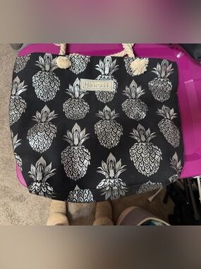 Black Tote Bag with Silver Pineapple Print